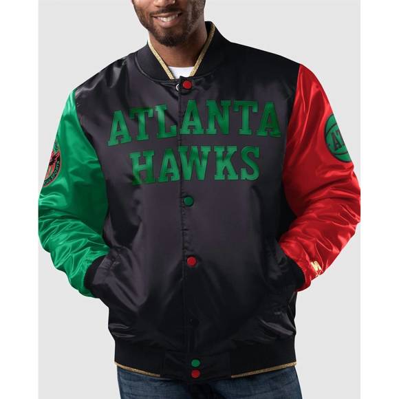 NEW STARTER men's atlanta hawks history month quilted lining satin full-snap jac
